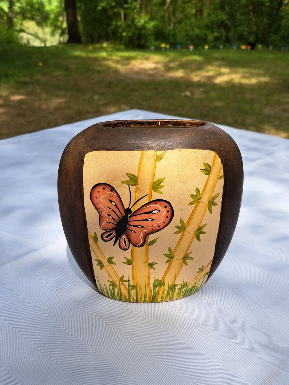 Hand-Painted Ceramic Butterfly Bamboo Vase - Brown & Cream